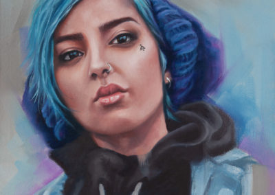 "Blue", portrait of girl with blue hair, oil on canvas, by Wendy Beresford