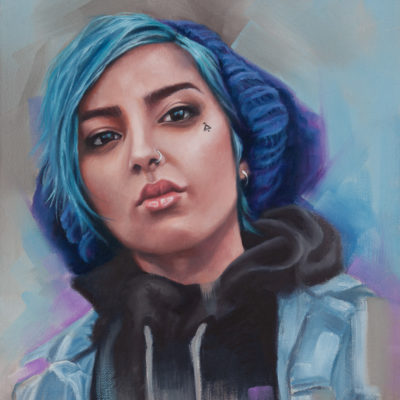 "Blue", portrait of girl with blue hair, oil on canvas, by Wendy Beresford