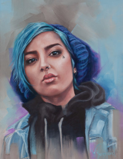 "Blue", portrait of girl with blue hair, oil on canvas, by Wendy Beresford