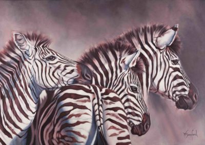 "Dawn Rising", original oil painting on canvas of three zebra at dawn by Wendy Beresford