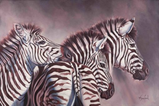 "Dawn Rising", original oil painting on canvas of three zebra at dawn by Wendy Beresford