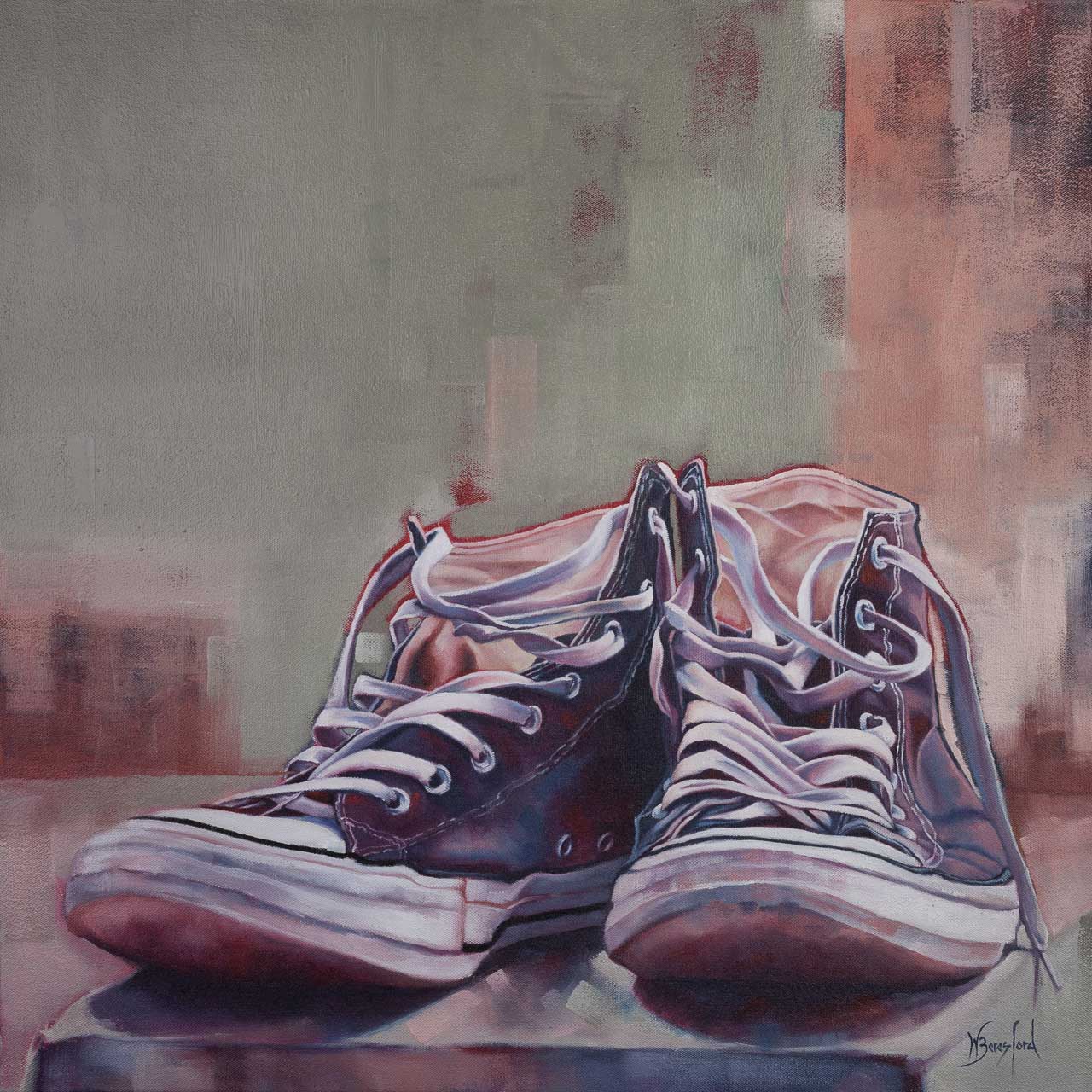 "Sole Mates", original oil on canvas painting by Wendy Beresford, takkies still life