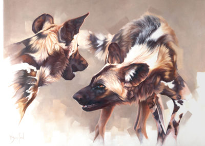 "Art of Play", original oil painting of two African Wild Dogs, by Wendy Beresford