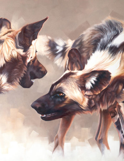 "Art of Play", original oil painting of two African Wild Dogs, by Wendy Beresford