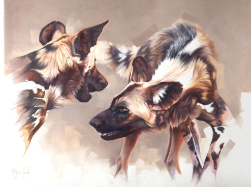 "Art of Play", original oil painting of two African Wild Dogs, by Wendy Beresford