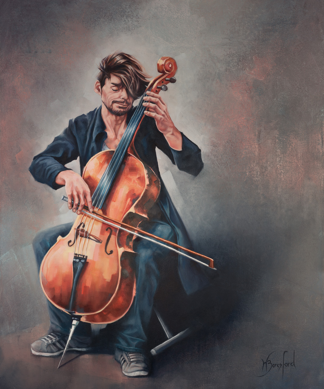 "The Busker", original oil painting on canvas by Wendy Beresford
