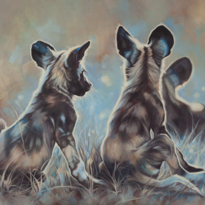 "We are Pack", original oil painting by artist Wendy Beresford. Three wild dog puppies