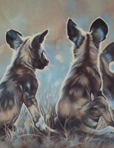 "We are Pack", original oil painting by artist Wendy Beresford. Three wild dog puppies