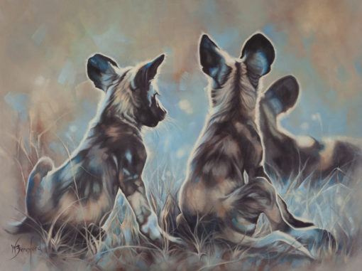 "We are Pack", original oil painting by artist Wendy Beresford. Three wild dog puppies